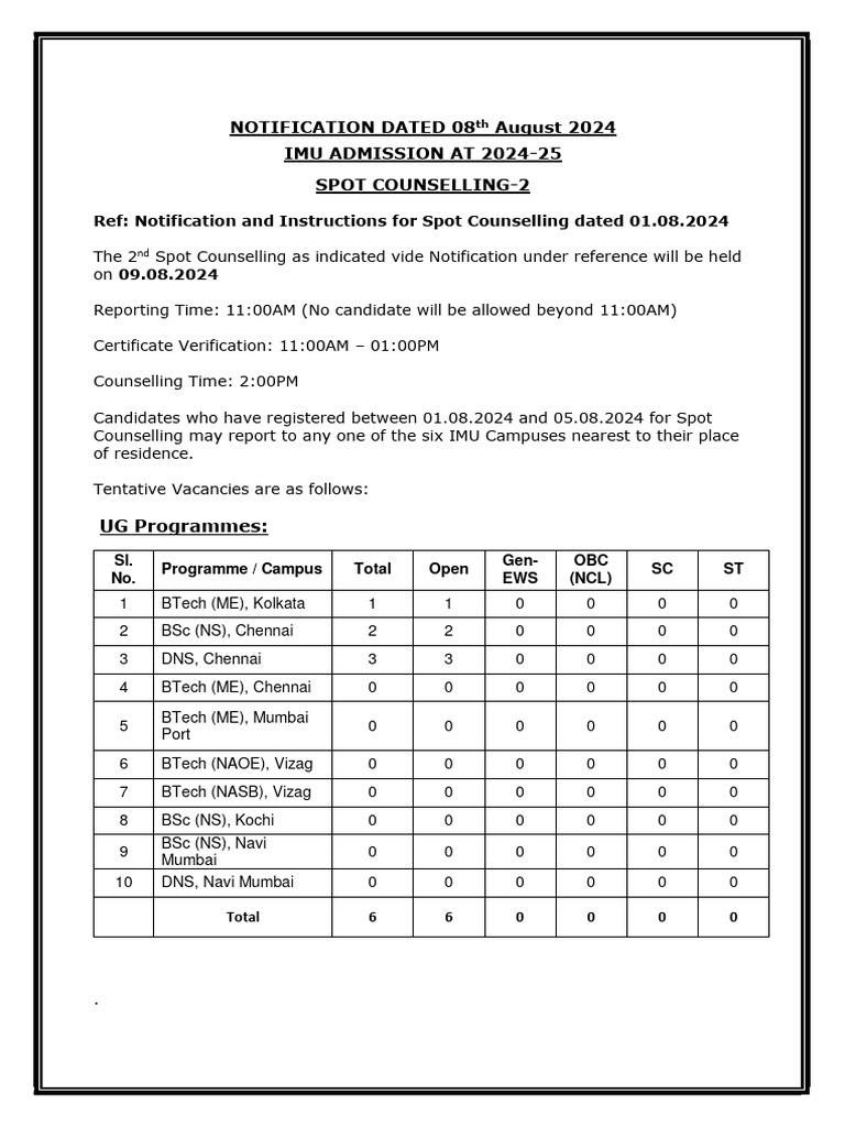 IMU 2024-25 Second Spot Counselling | PDF | Technology & Engineering
