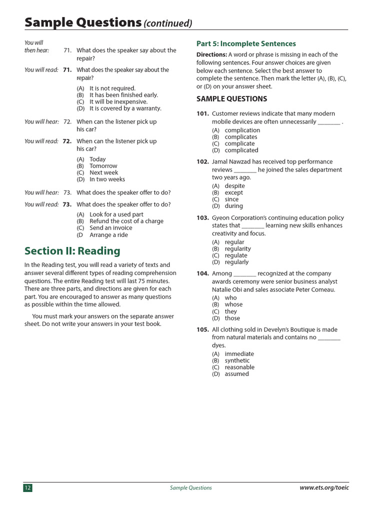 TOEIC Sample Questions and Answers | PDF | Reading Comprehension ...