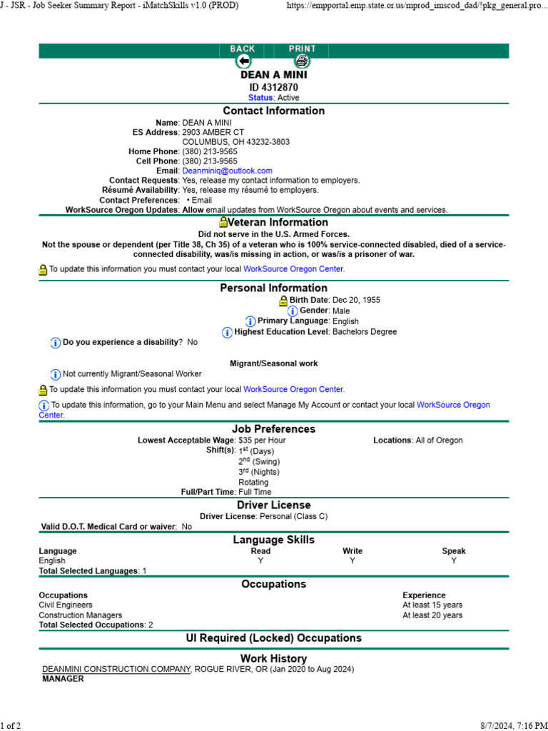 J - JSR - Job Seeker Summary Report - iMatchSkills v1.0 DEAN | PDF | Résumé
