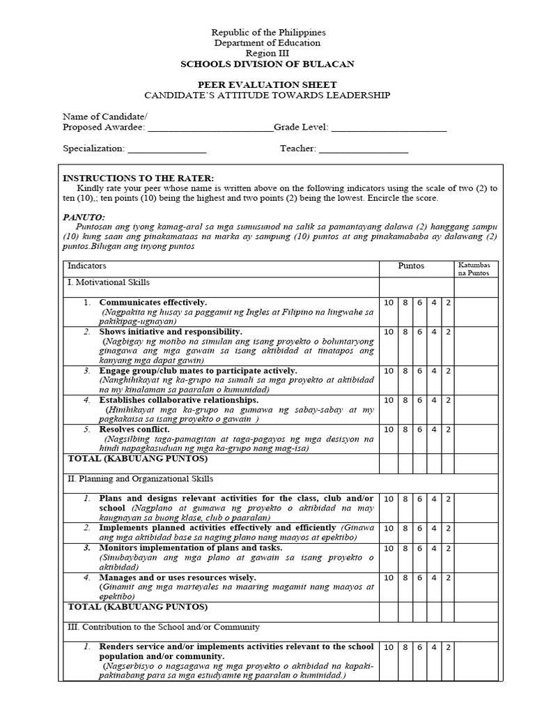 Peer Rating Sheet For Leadership | PDF