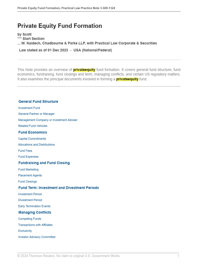 Private Equity Fund Formation Pdf Limited Liability Company