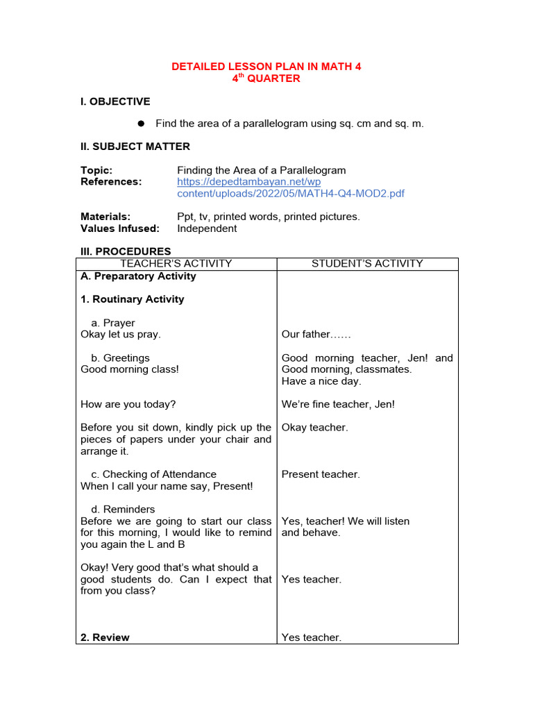 Detailed Lesson Plan in Math 4 | PDF | Area | Rectangle