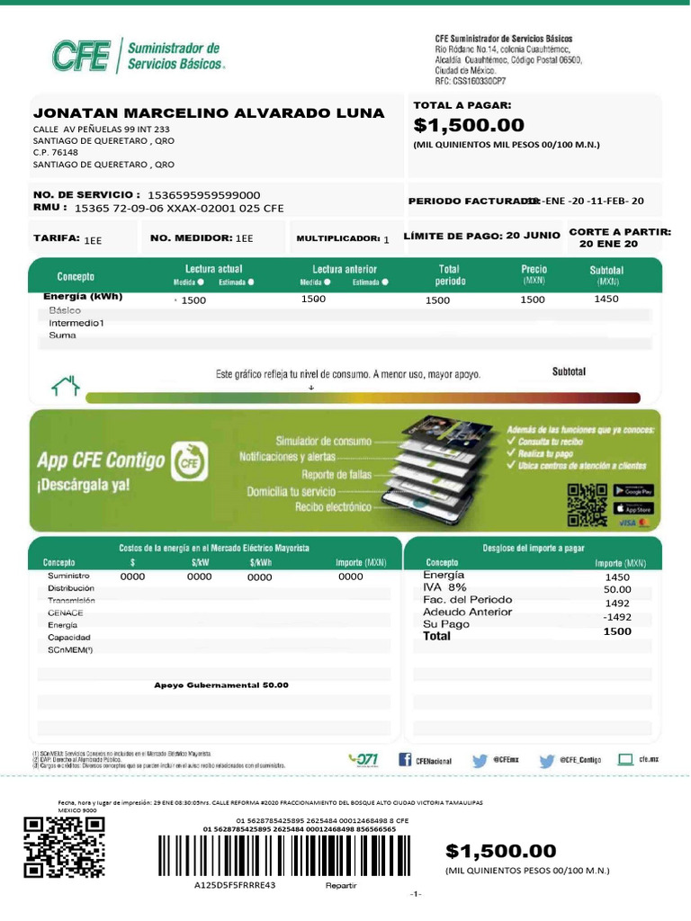 Factura de Servicios de CFE 2020 | PDF