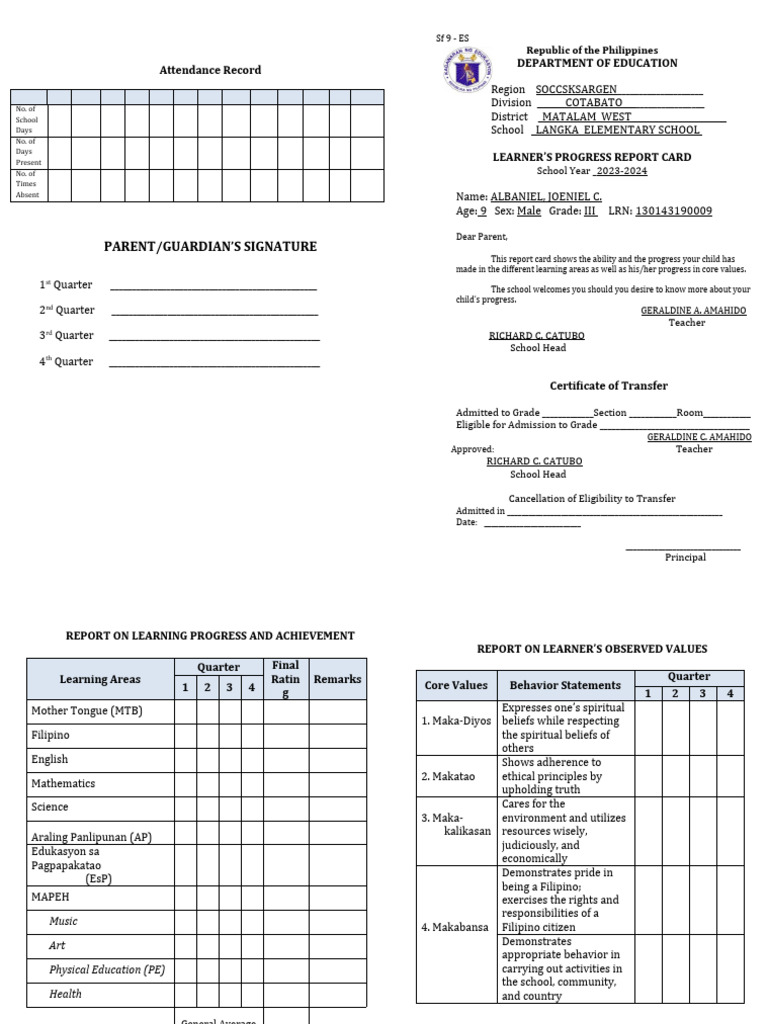 Grade 3 Learner's Progress Report 2023 | PDF | Teachers | Learning
