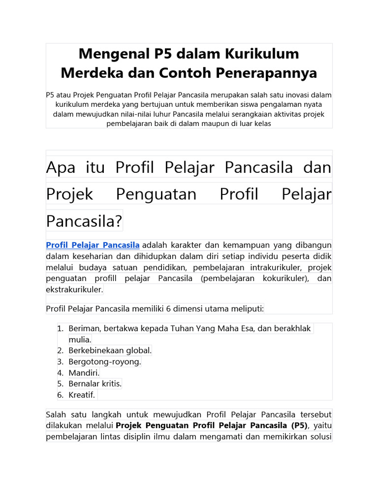 Mengenal P5 Dalam Kurikulum Merdeka Dan Contoh Penerapanny 1a | PDF