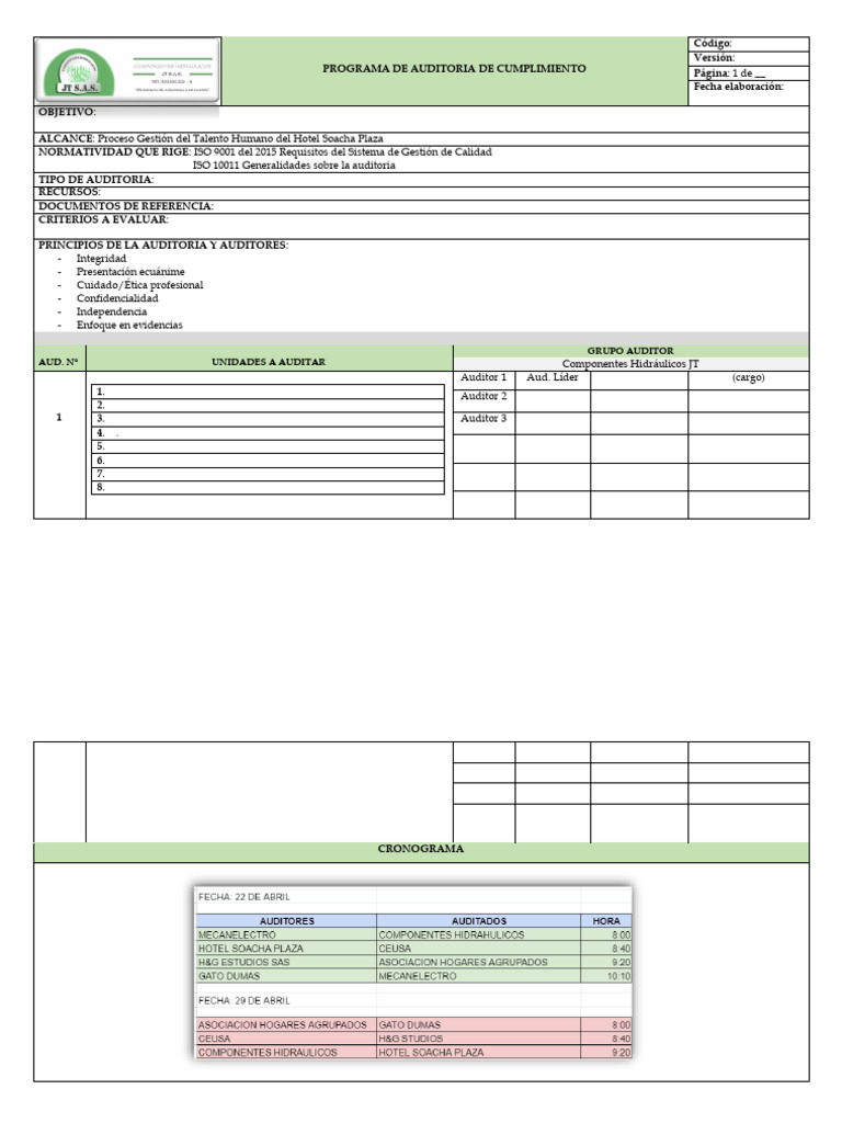 Formatos Programa, Plan y Acta de Auditoria | PDF | Auditoría | Contralor