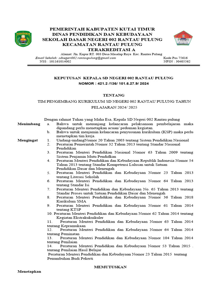 Tim Pengembang Kurikulum SD 002 Rantau | PDF