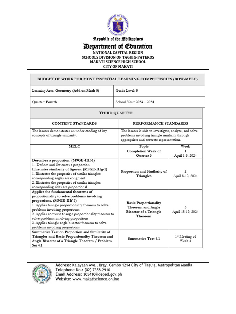 Grade 8 Geometry Learning Plan | PDF | Triangle | Mathematics