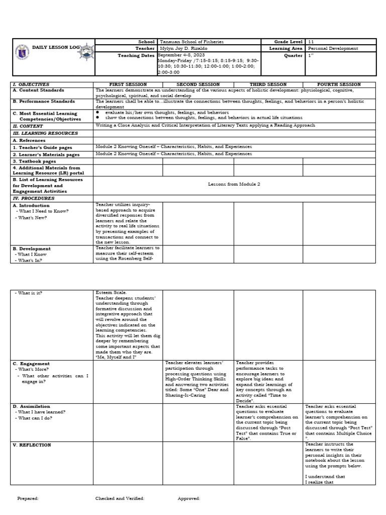Personal Development Lesson Plan 11 | PDF | Learning | Teachers