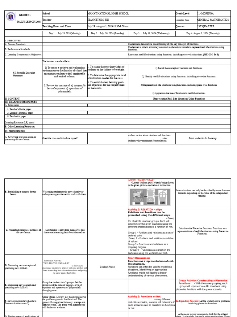 Grade 11 General Mathematics Lesson Plan | PDF | Function (Mathematics ...