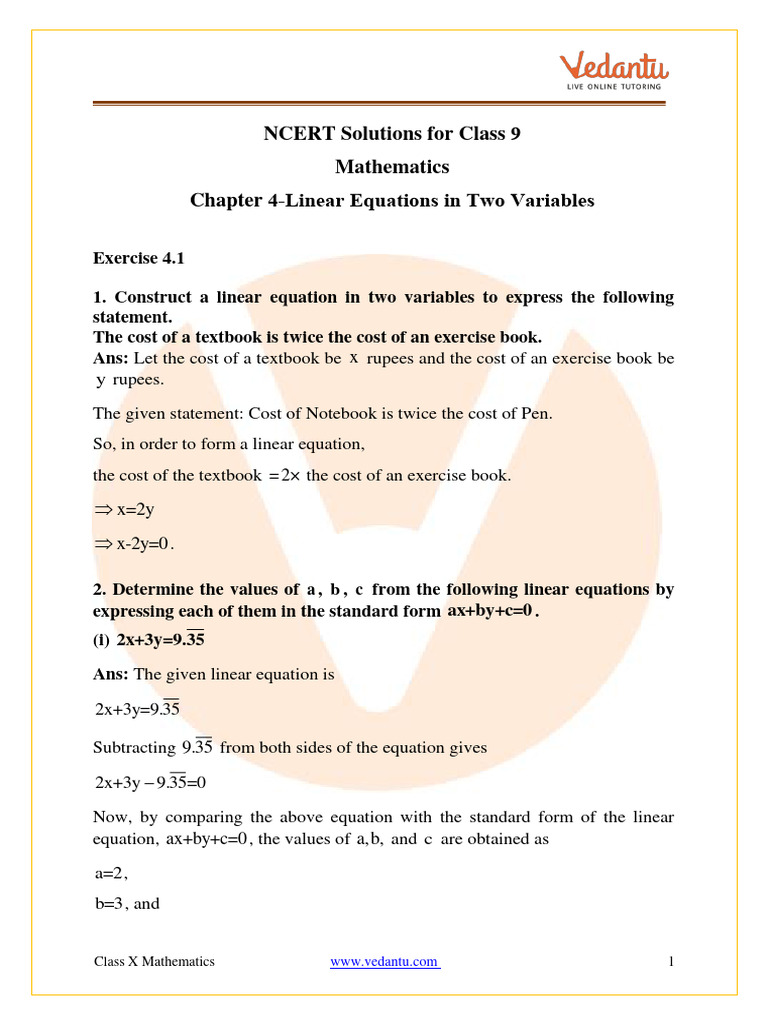 NCERT Solutions For Class 9 Maths Chapter 4 - Linear Equations in Two ...