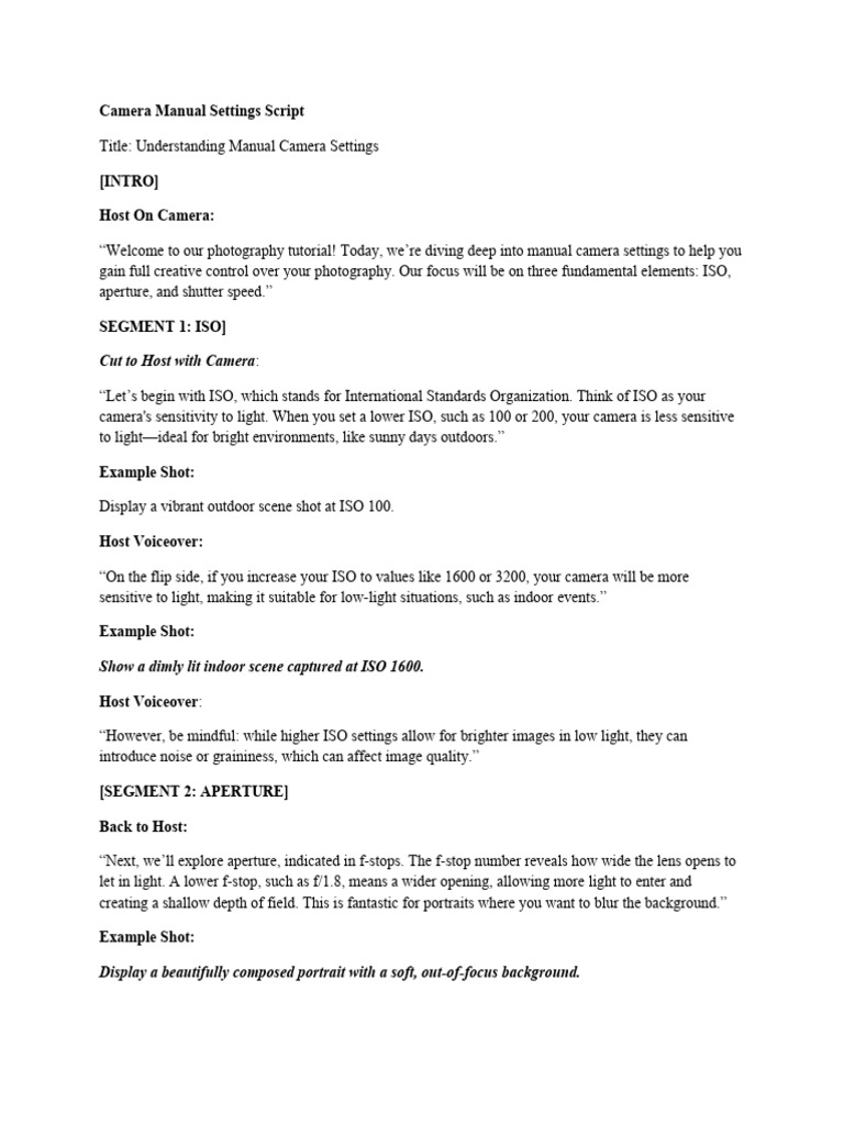 Camera Manual Settings Script | PDF | Shutter Speed | Camera