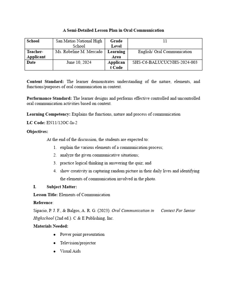 Lesson Plan: Elements of Communication | PDF | Communication | Learning