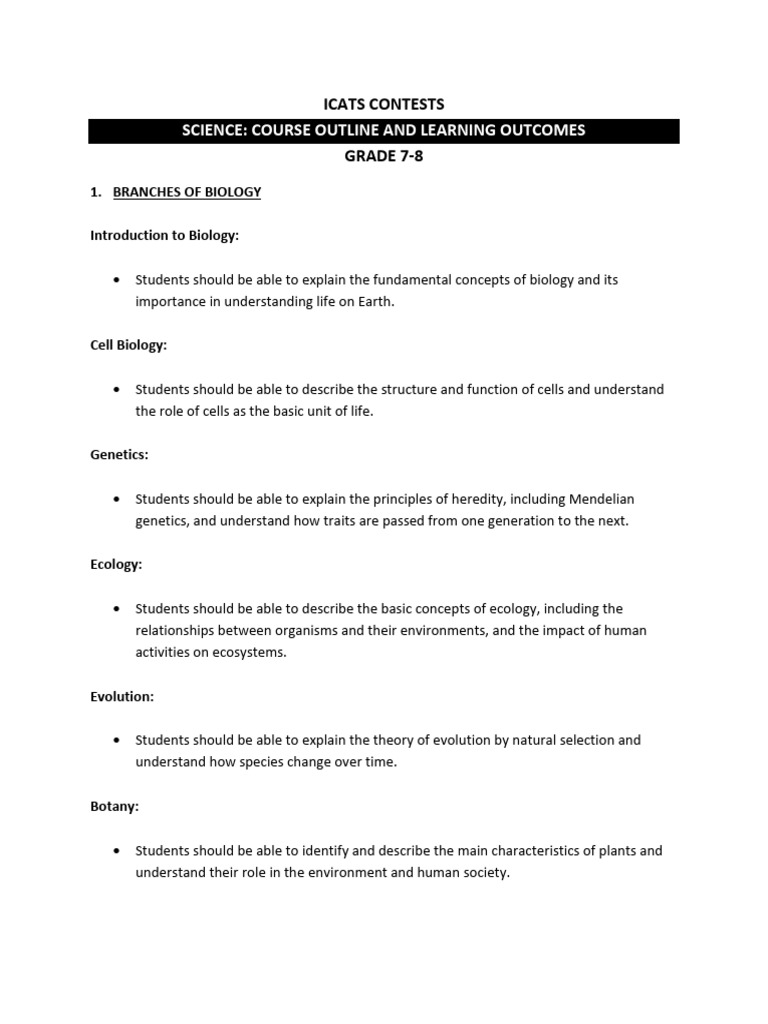 Icats Contests Science Course Outline and Learning Outcomes Grade 7 8