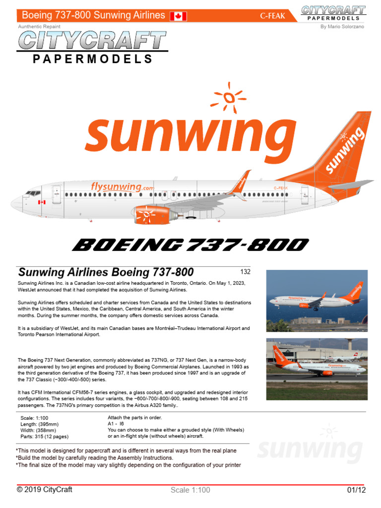 Sunwing Airlines Boeing 737-800 Model | PDF | Aircraft | Airliner
