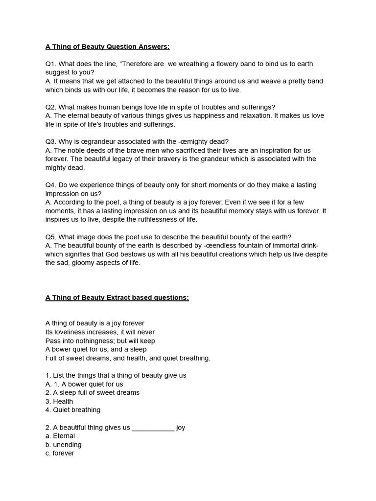 A thing of beauty class 12 q a mcq pdf