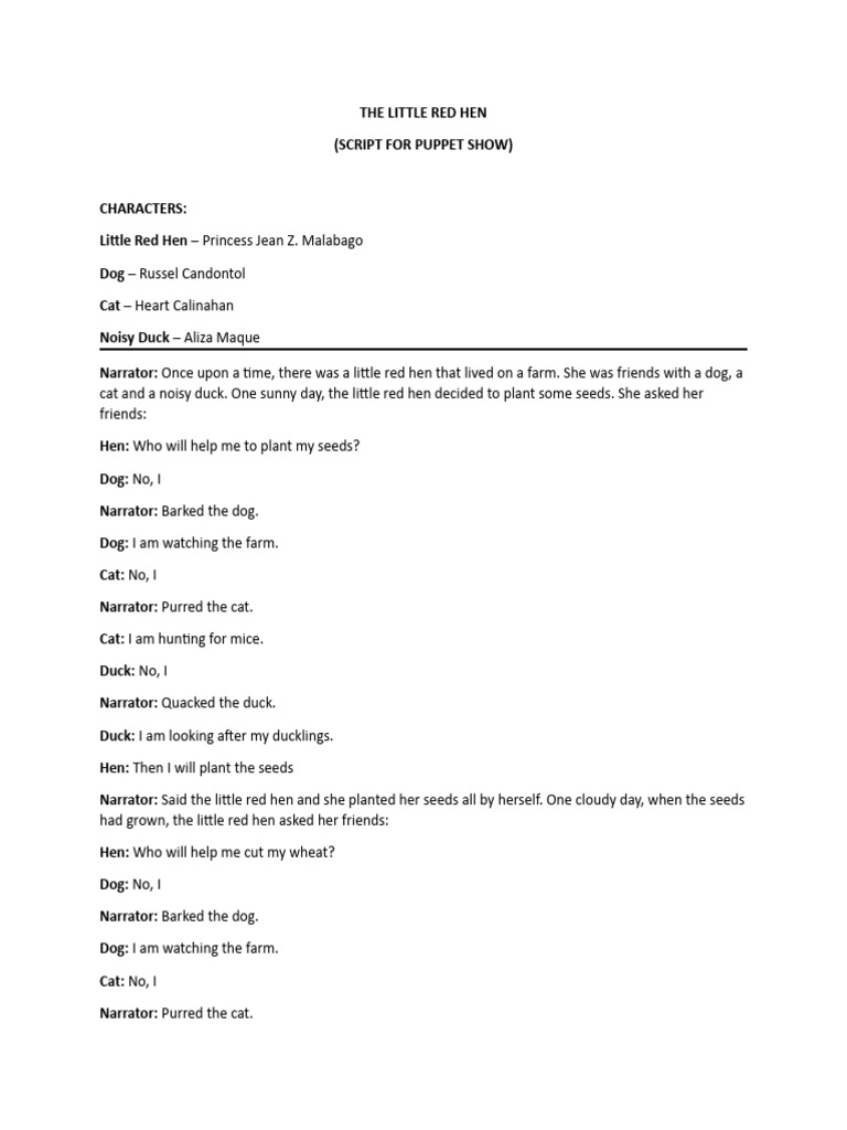 Little Red Hen Puppet Show Script | PDF | Breads | Waterfowl