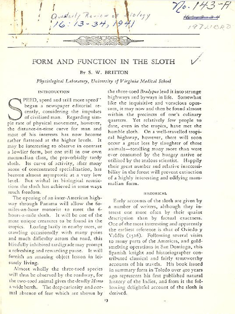 Form and Function in The Sloth by S W Britton. | PDF