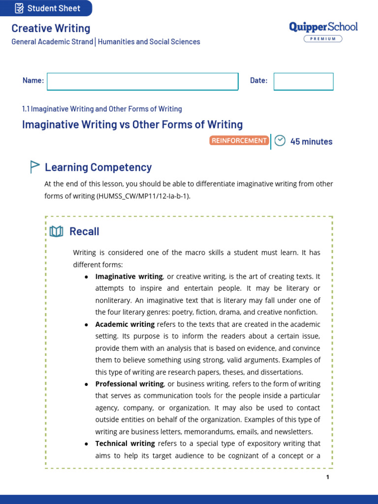 CRW 11 - 12 Q1 0101M - SS2 Reinforcement - Imaginative Writing and ...