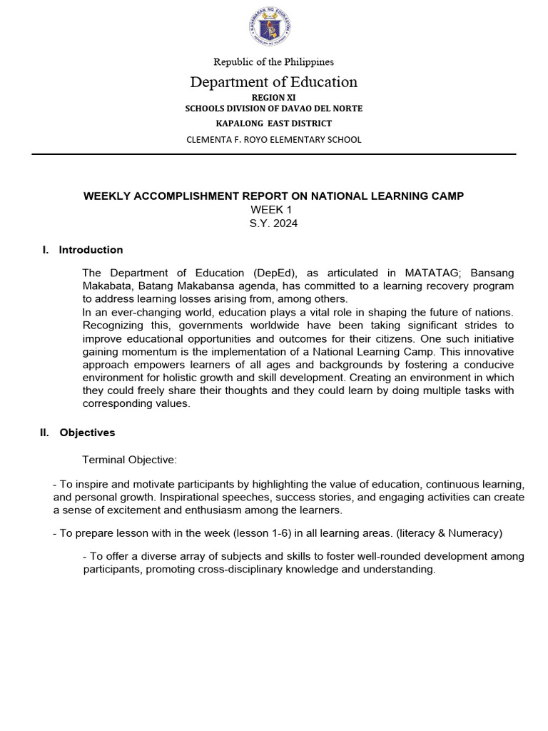 Week 1 Accomplishment Report: Learning Camp | PDF | Learning ...