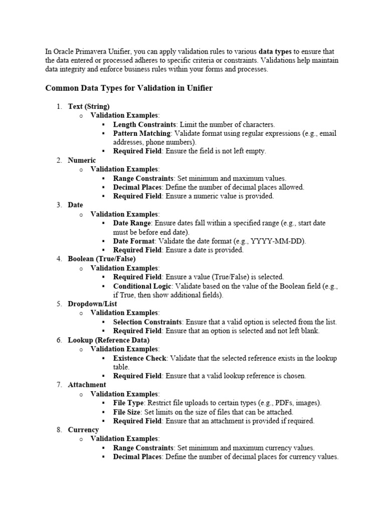 Validation Rules in Oracle Primavera Unifier | PDF | Data Type ...