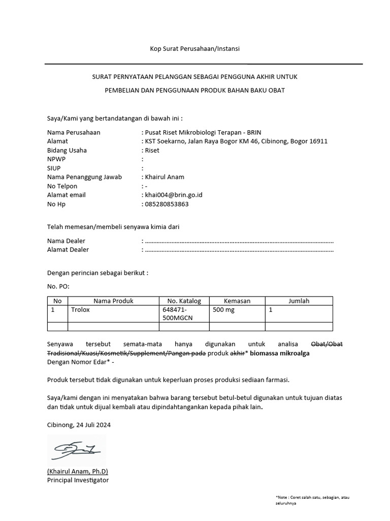 Surat Pernyataan Penggunaan Produk Obat | PDF