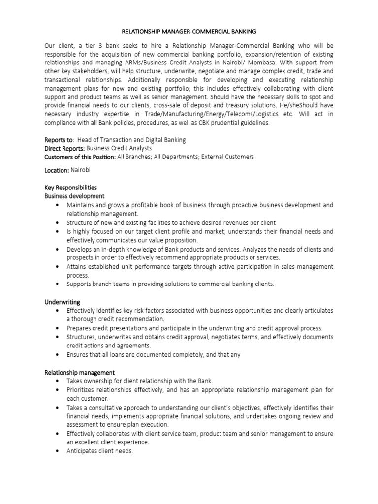 Relationship Manager - Commercial Banking Role | PDF | Banks | Leadership