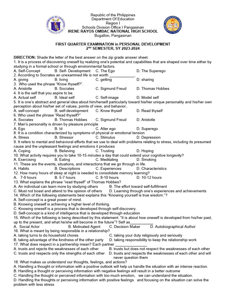 Personal Development Exam Questions | PDF | Id | Feeling