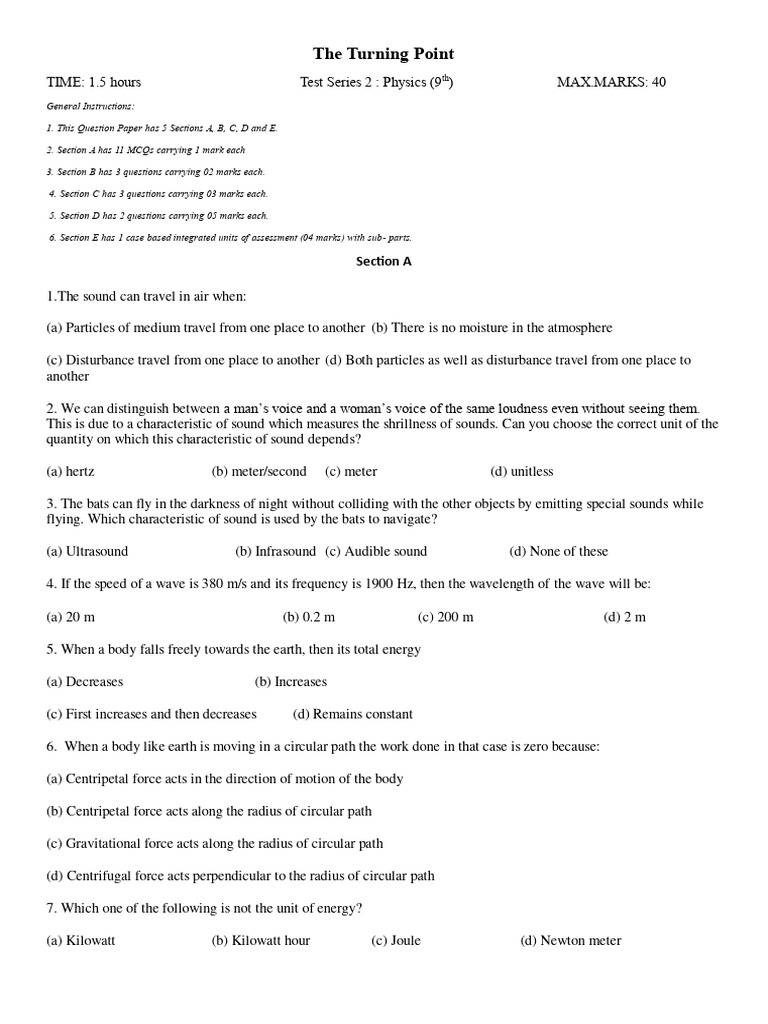 Physics Test Series for 9th Grade | PDF | Force | Sound