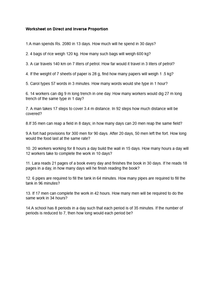 Direct and Inverse Proportion Worksheet | PDF