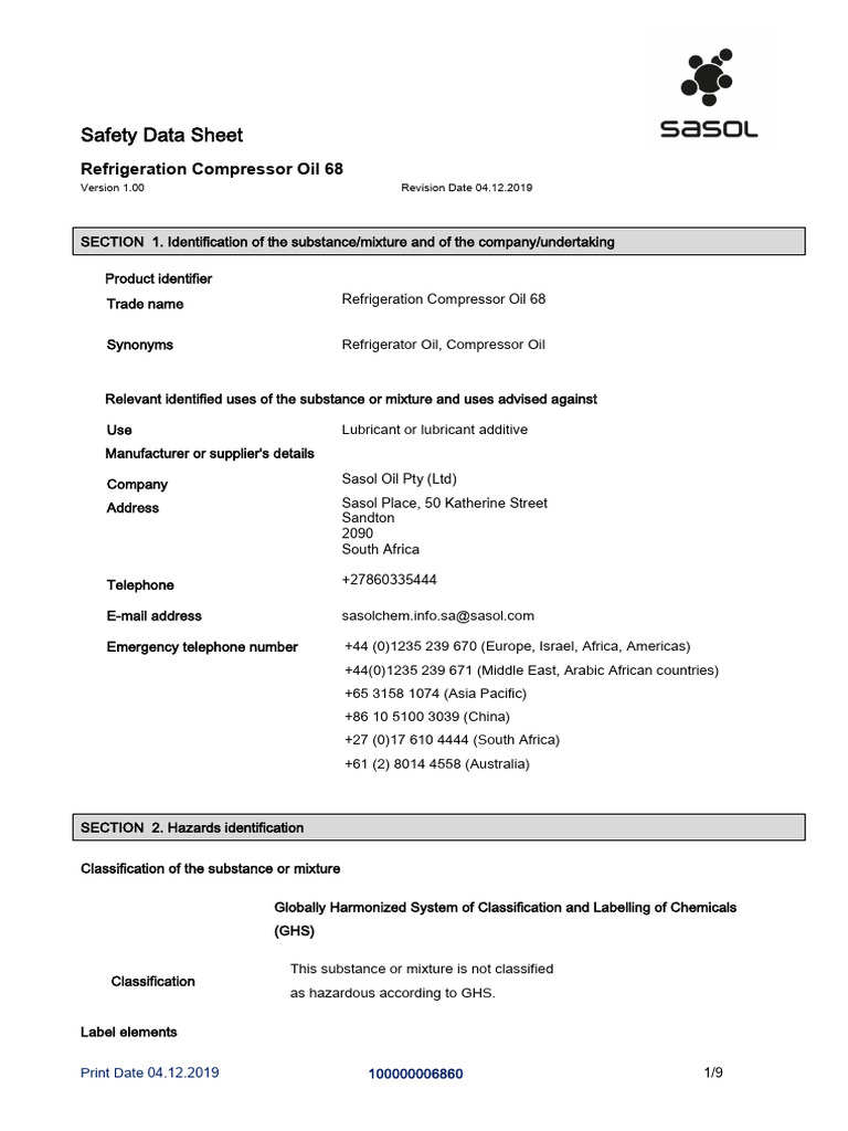 Refrigeration Compressor Oil 68 SDS | PDF | Chemical Substances ...