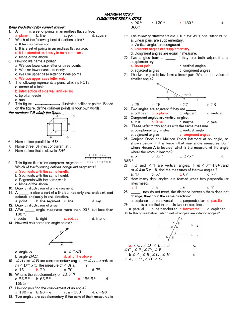 Math 7 Summative Test Q3 | PDF | Angle | Line (Geometry)