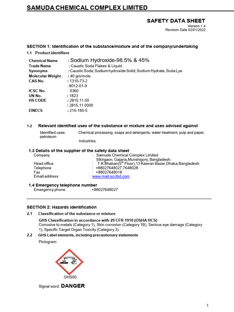 Sodium Hydroxide Safety Data Sheet | PDF | Sodium Hydroxide | Safety