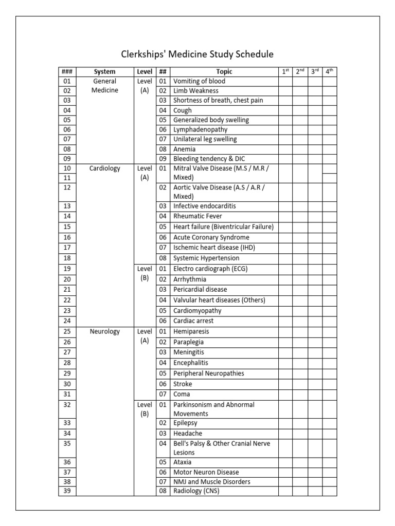 Comprehensive Medicine Clerkship Schedule | PDF | Heart | Chronic ...