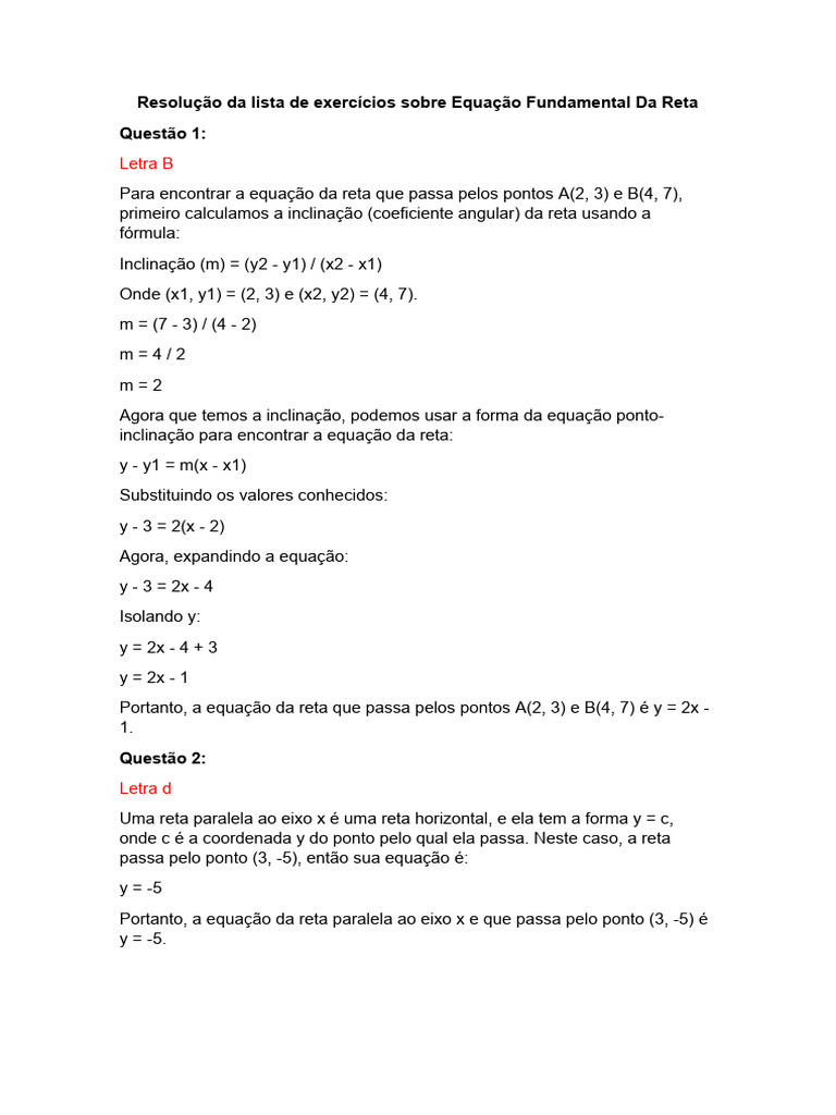 Exercícios Resolvidos: Equação da Reta | PDF | Linha (Geometria) | Equações