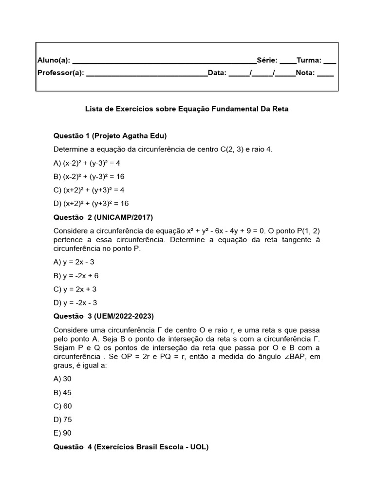 12) Lista de Exercícios Sobre Equacao Fundamental Da Reta | PDF ...