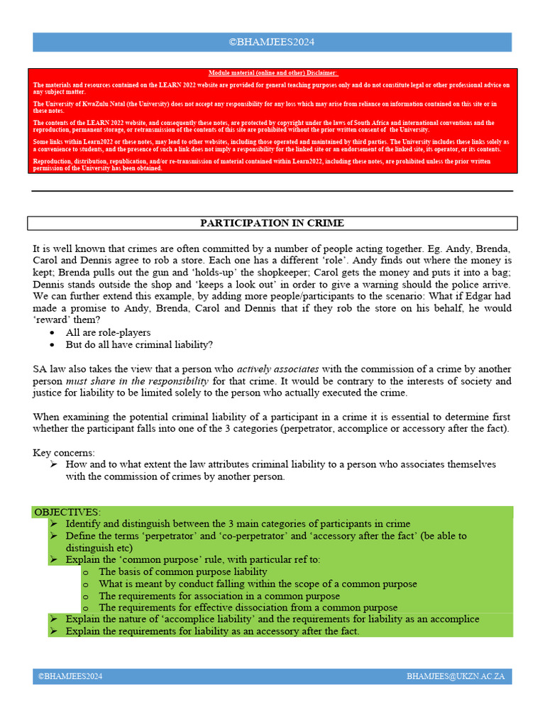 Participation - SB Notes | PDF | Mens Rea | Aiding And Abetting
