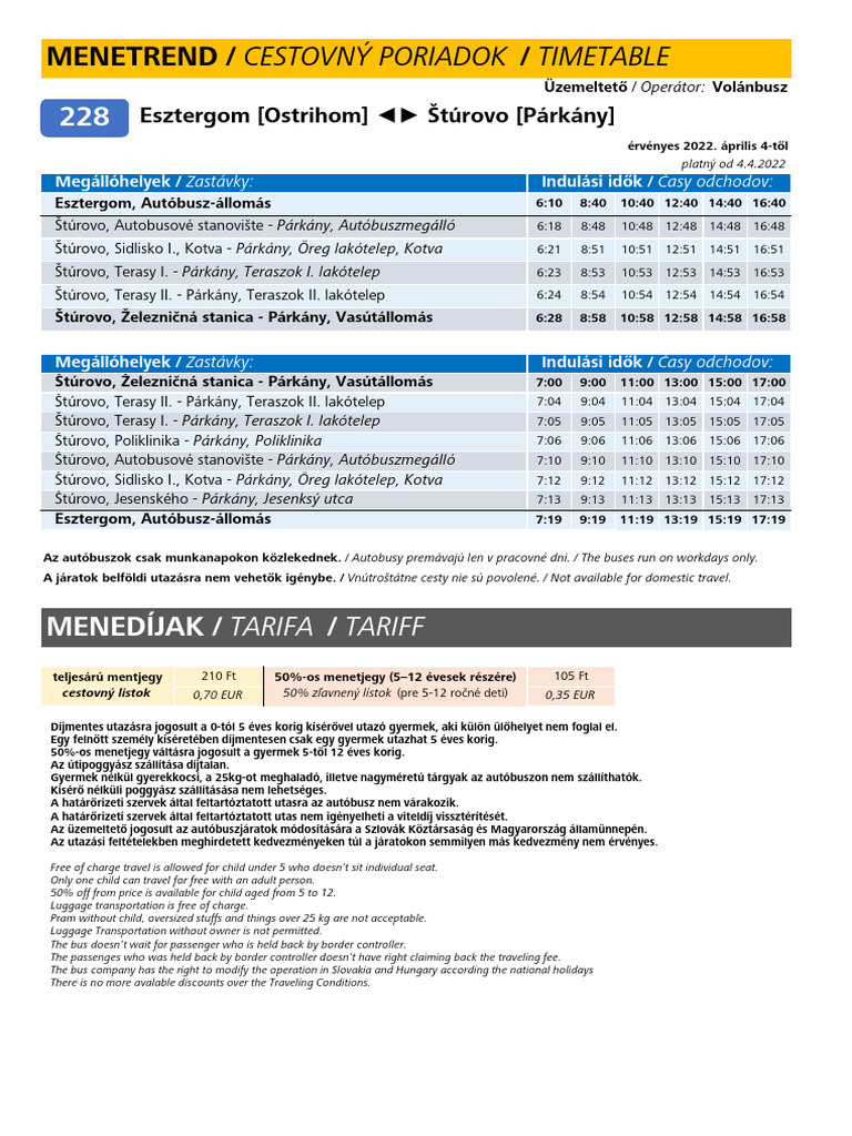 Menetrend / Cestovný Poriadok / Timetable: Esztergom (Ostrihom) Štúrovo ...
