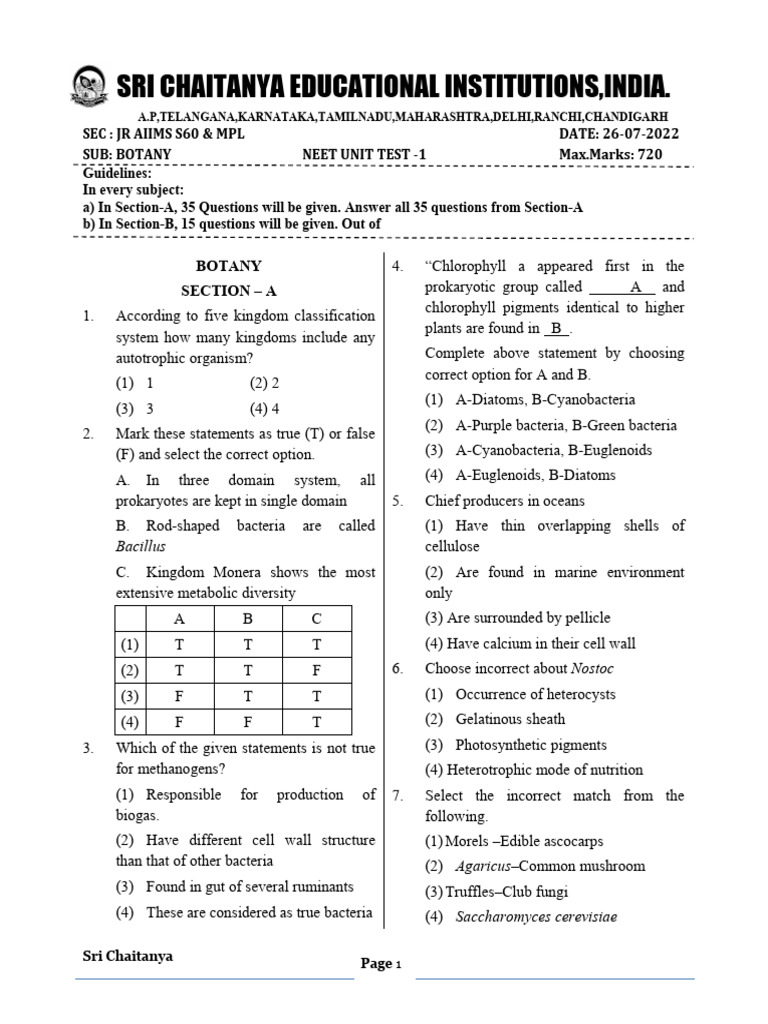 JR Aiims S60 & MPL Neet Unit Test - 1 Paper (26-07-2022) | PDF ...