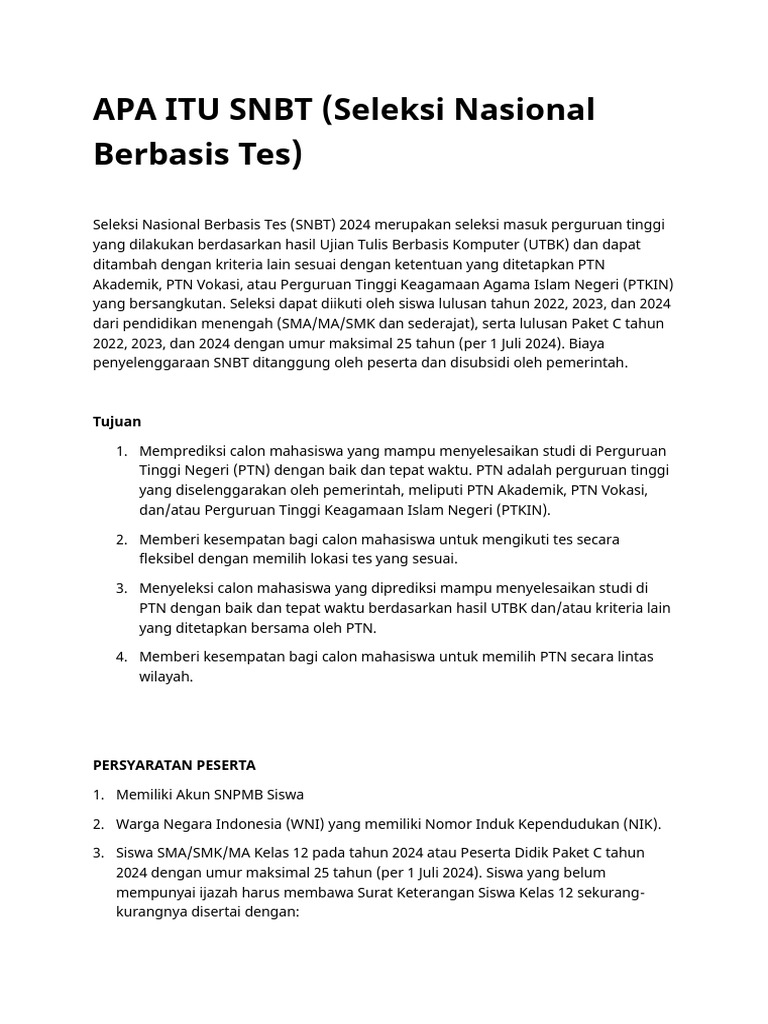 Pengertian dan Persyaratan SNBT 2024 | PDF