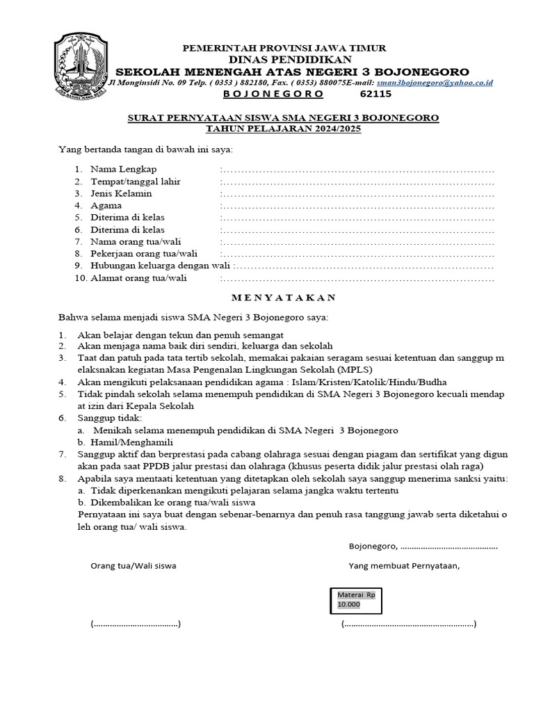 Surat Pernyataan Siswa Sma Negeri 3 Bojonegoro Pdf