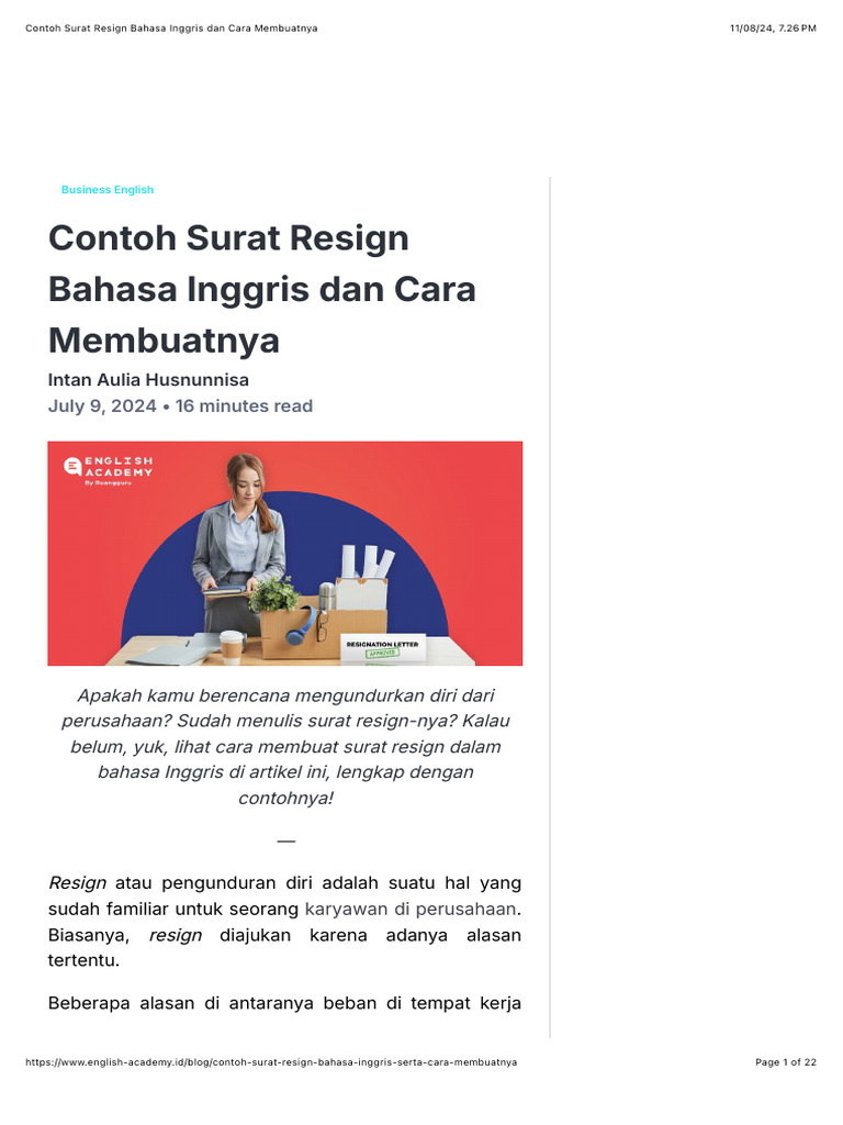 Contoh Surat Resign Bahasa Inggris | PDF