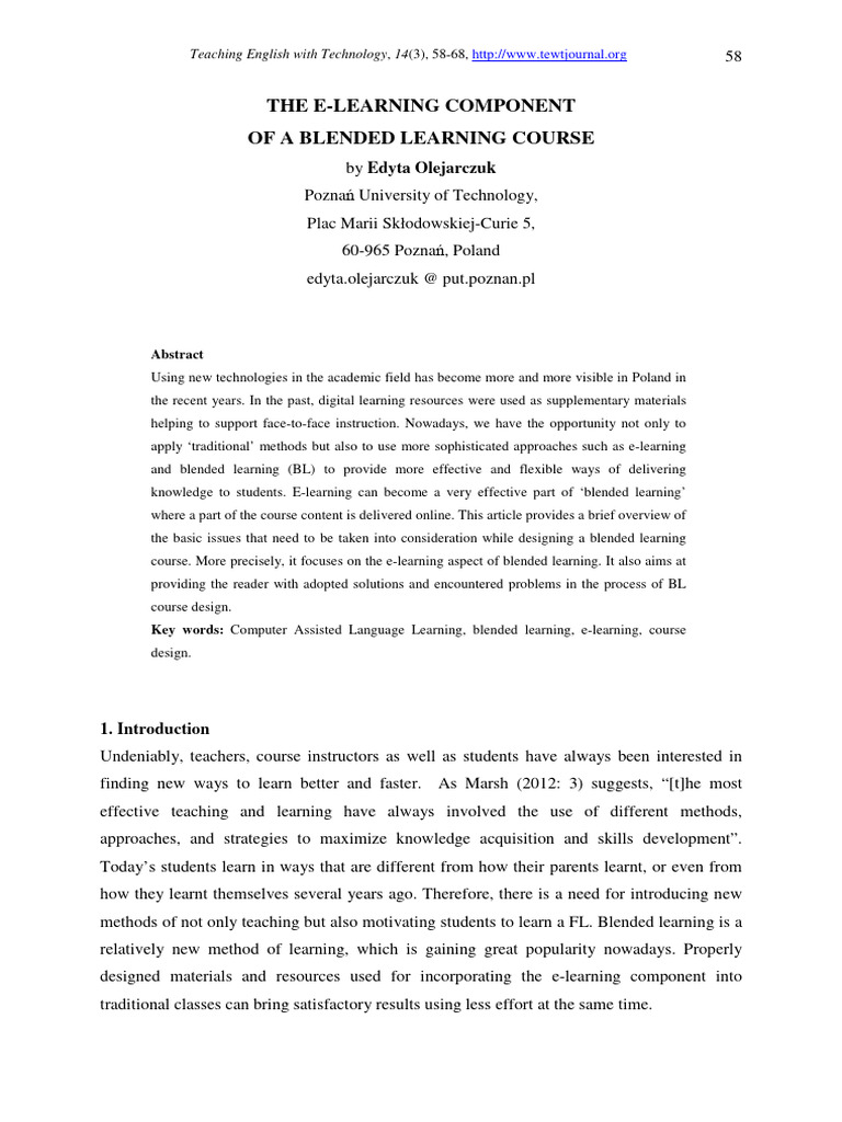 The E Learning Component Of A Blend Pdf Educational Technology