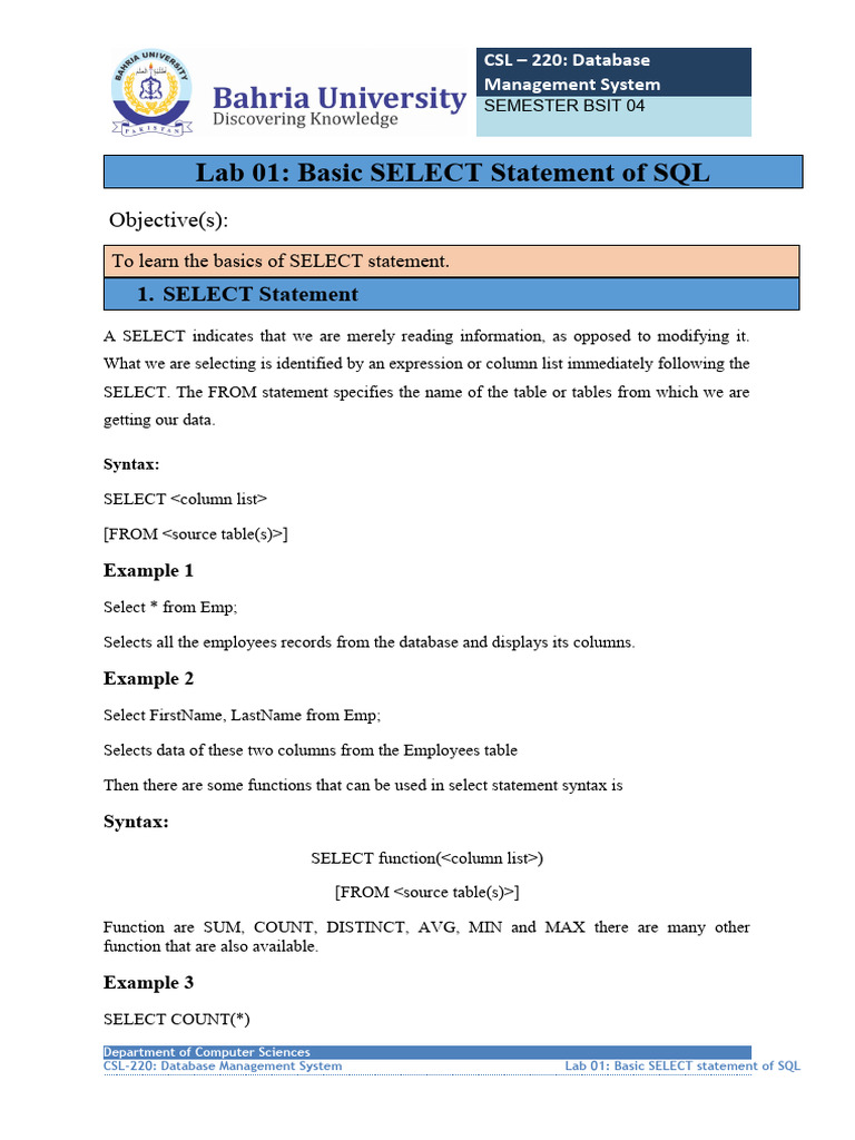 SQL SELECT Statement Basics Lab Guide | PDF | Sql | Databases