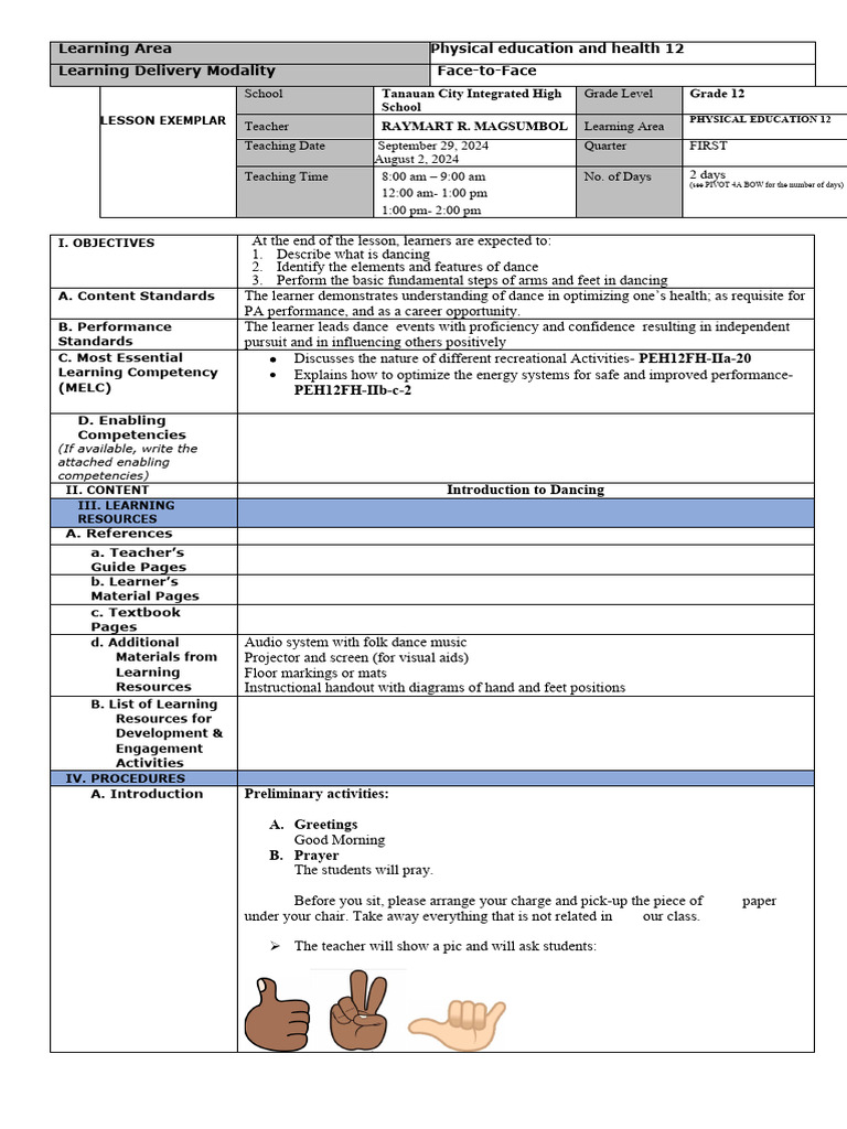 P E 12 Lesson Exemplar Pdf Learning Physical Education
