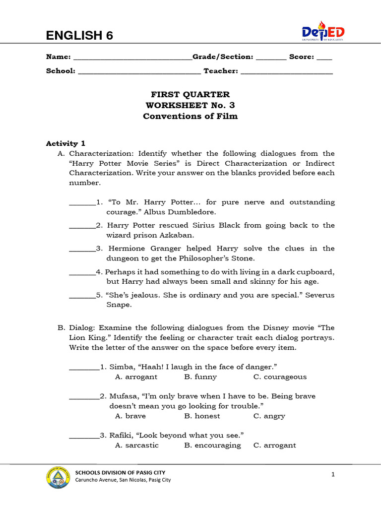 English 6 Q1 Dw3 Pdf Harry Potter