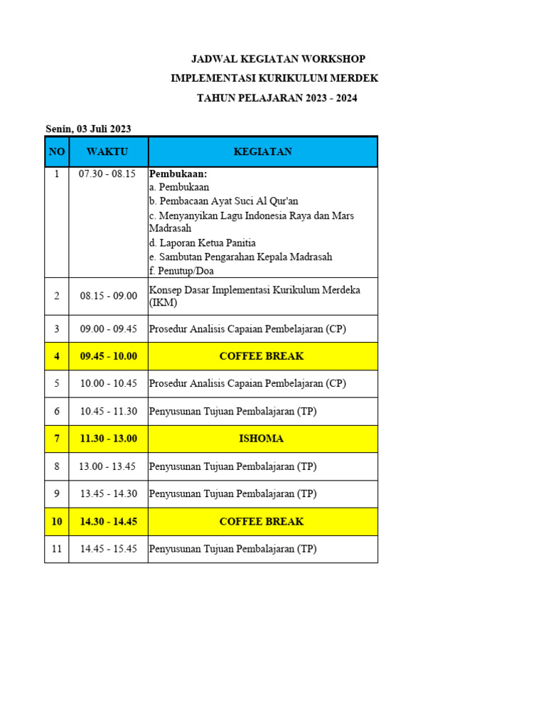 Jadwal Workshop Kurikulum Merdeka 2023 | PDF