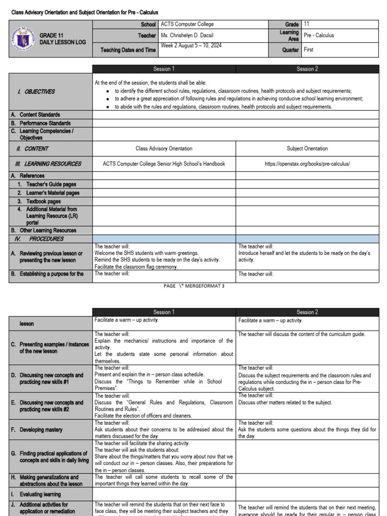 Pre - Calculus (Q1 - W1) | PDF | Teachers | Learning