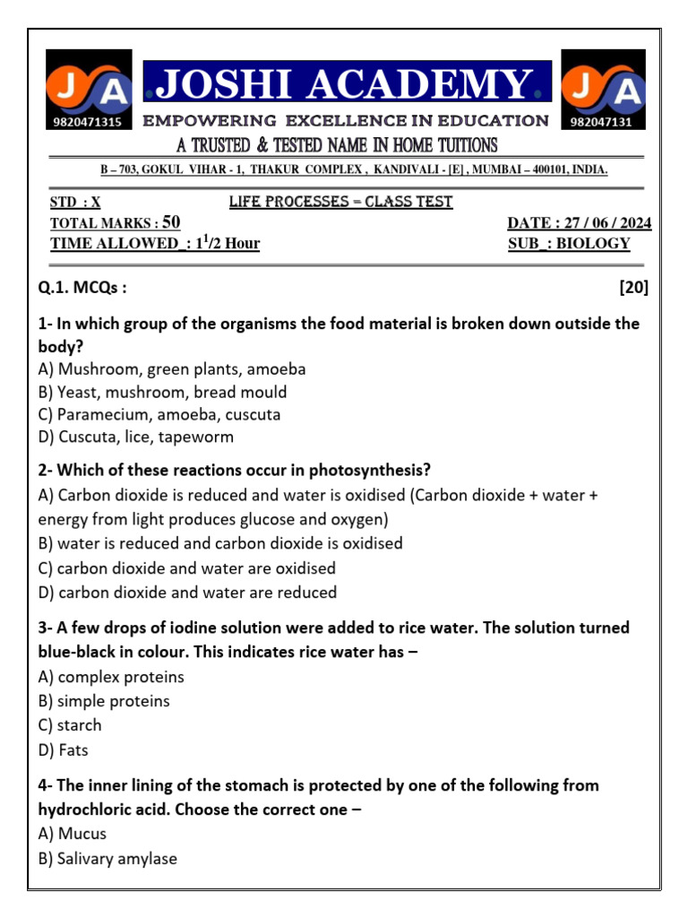 CH - 5 - Life Processes - CLASS TEST | PDF | Digestion | Heart