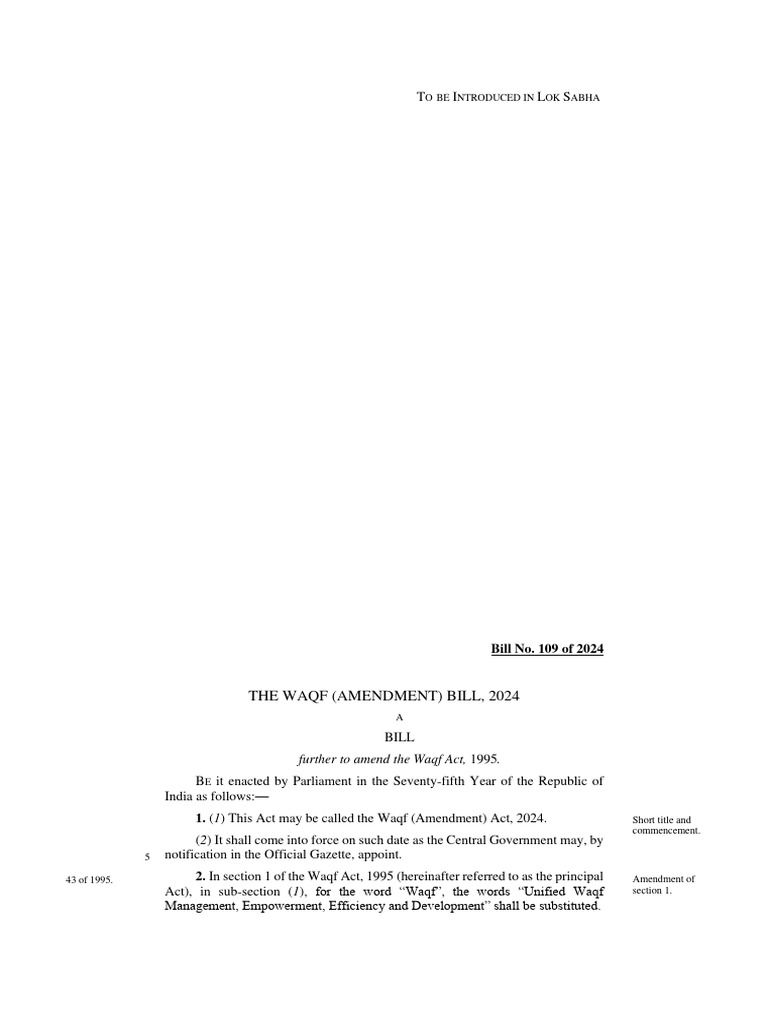 Waqf Board Amendment Bill 2024. PDF Common Law Government
